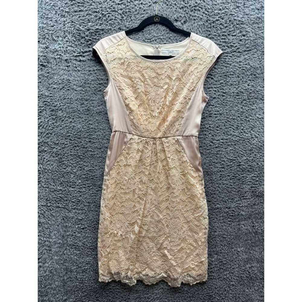 Le Jour Lace Overlay Round Neck Sleeveless Mini Dress Beige Womens Size 36
